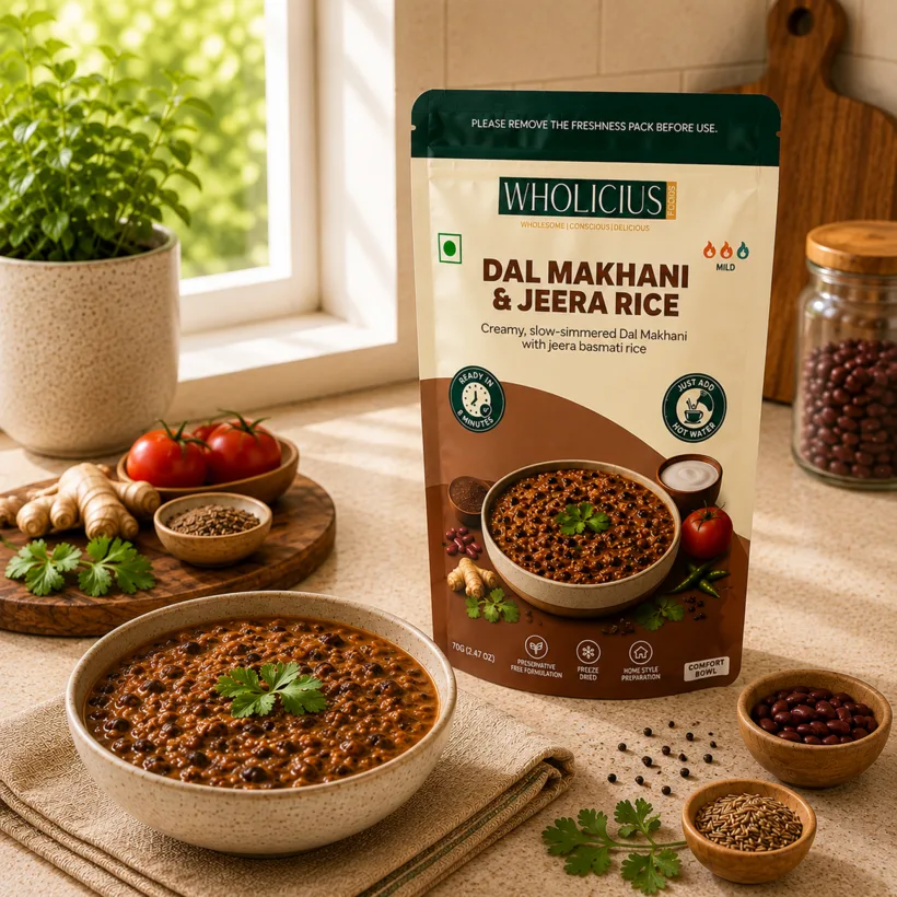 A Wholicius Dal Makhani and Jeera Rice meal