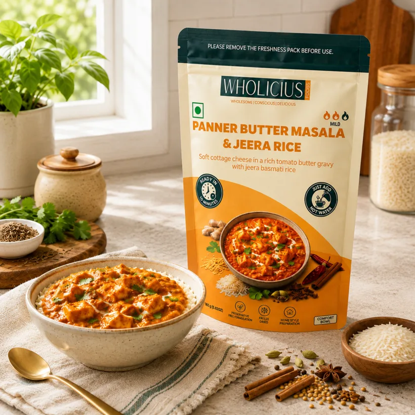 A Wholicius Paneer Butter Masala and Jeera Rice pouch with the prepared meal