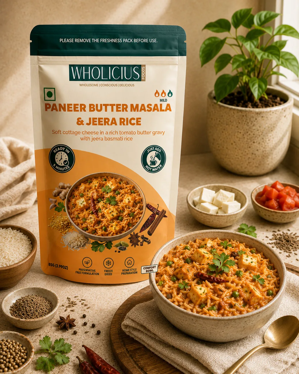 A hot Wholicius meal, Paneer Butter Masala with Jeera Rice, served at home