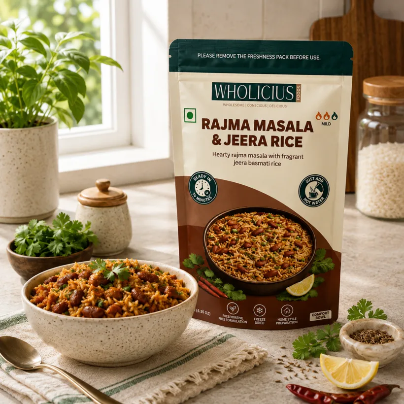A Wholicius Rajma Masala and Jeera Rice meal
