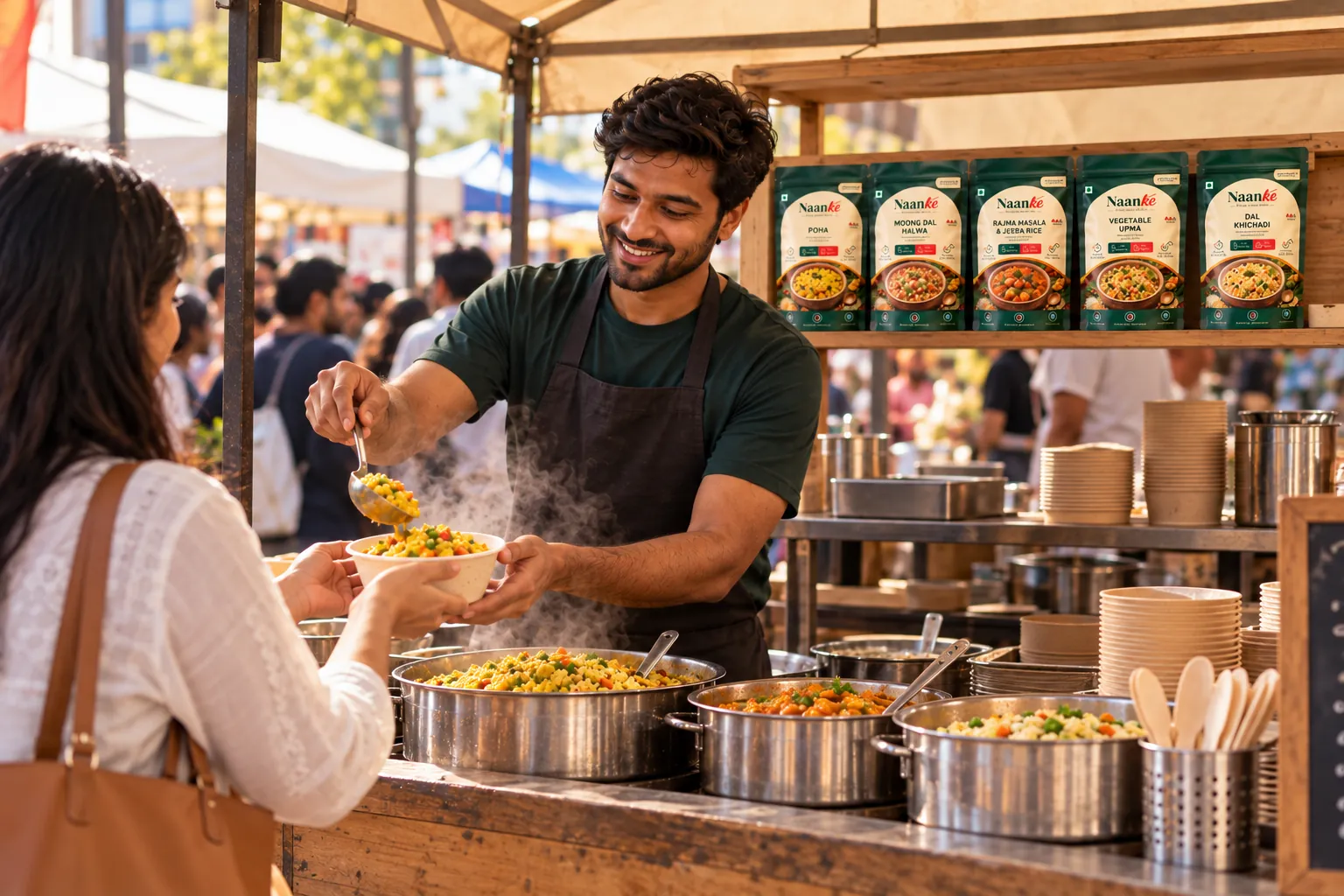 A street food stall serving hot Indian meals, Naanke pouches on the shelf behind