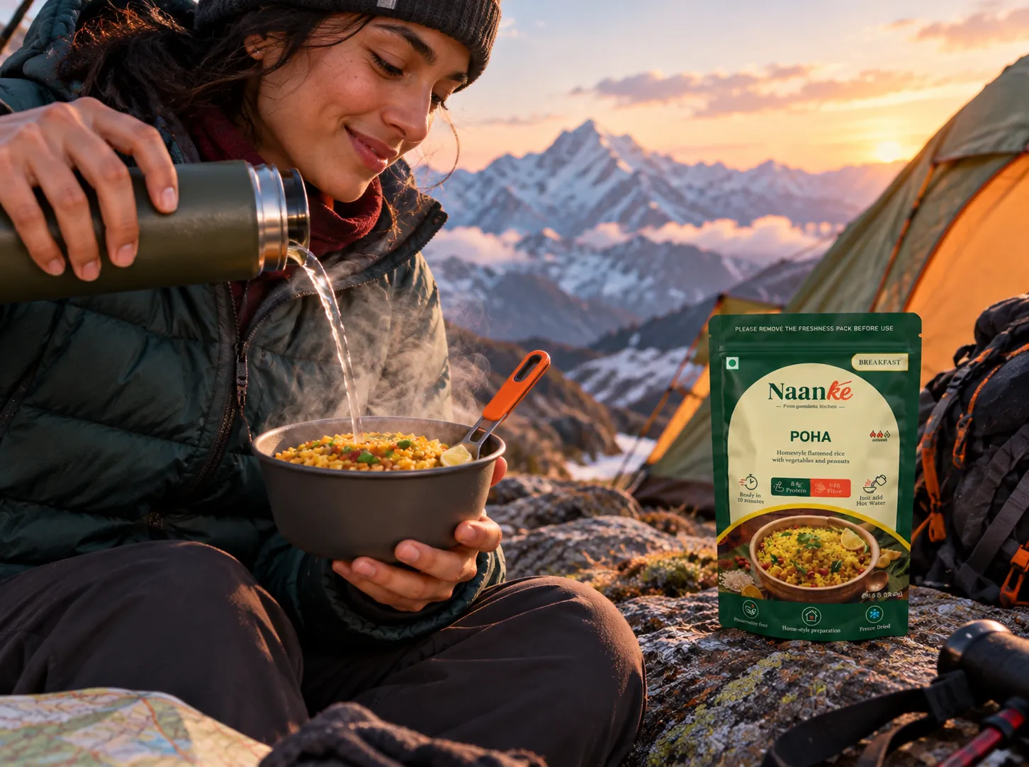 A trekker at a mountain camp pouring hot water from a flask into a bowl