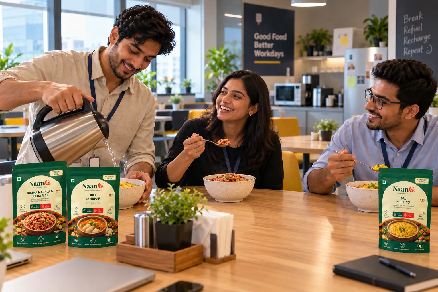 Colleagues eating Naanke meals in an office break room
