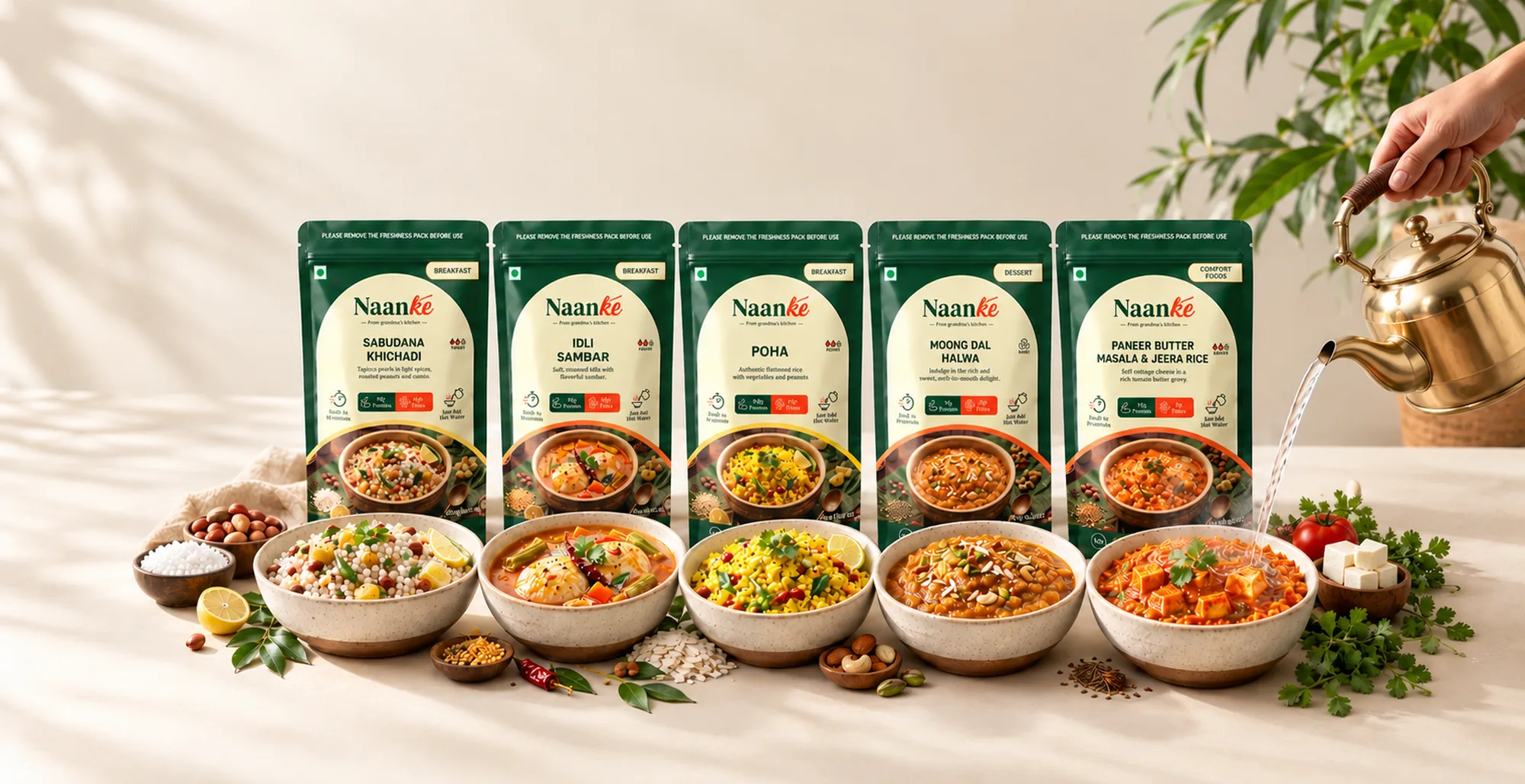 Five Naanke meals in a row, each pouch with a bowl of the prepared meal in front, hot water pouring from a brass kettle into one bowl