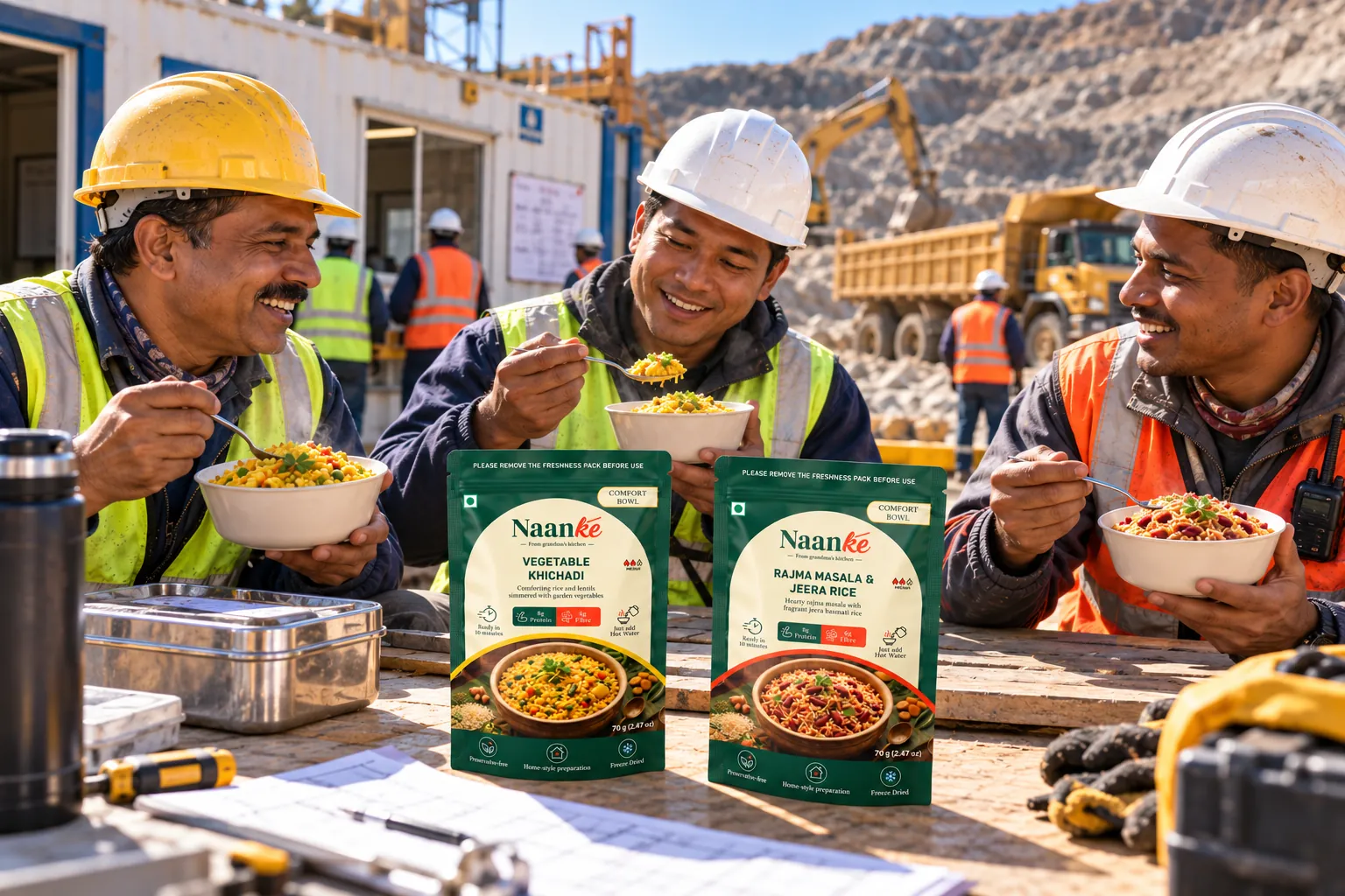 Site workers in hard hats eating hot Naanke meals at a mine