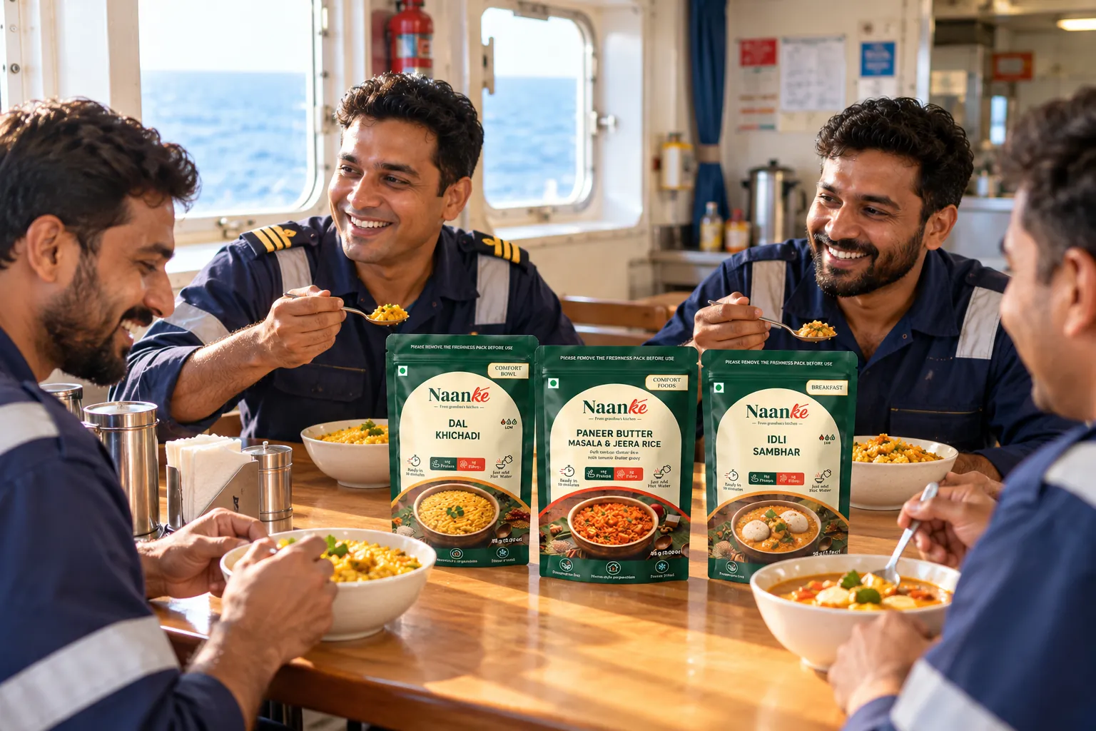 Ship crew eating hot Naanke meals in the mess