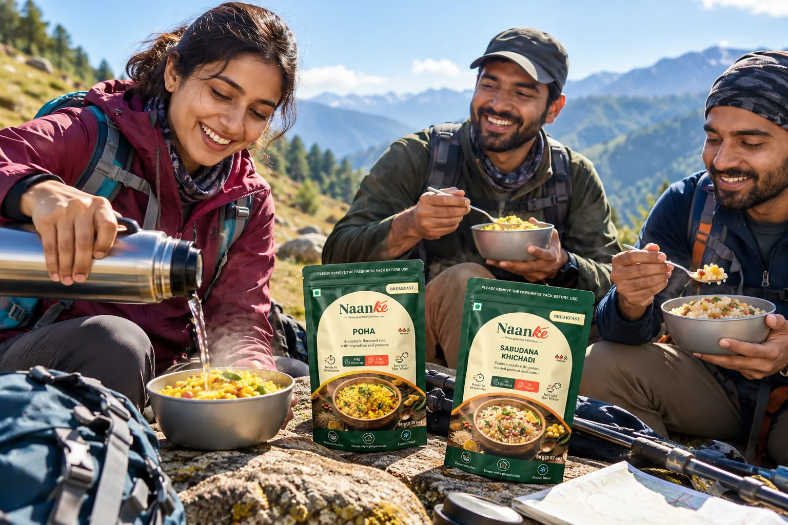 A trekking group in the mountains pouring hot water from a flask onto Naanke meals