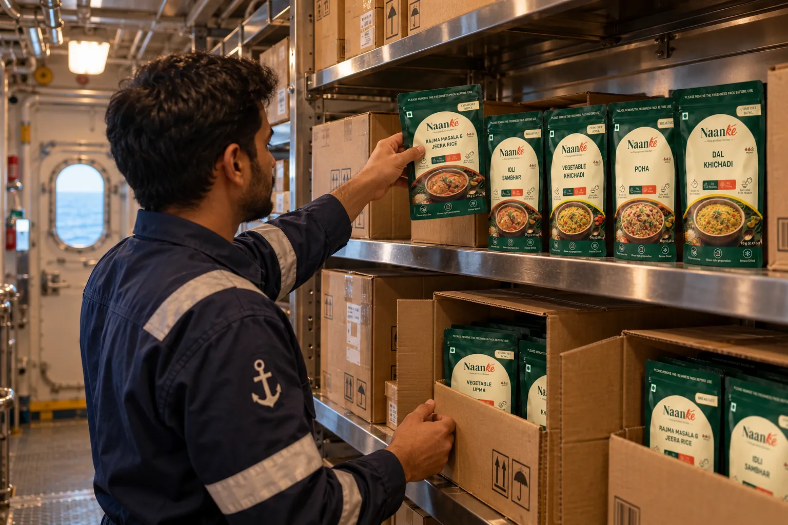 A crew member taking Naanke meals from the shelves of a ship’s food store-room