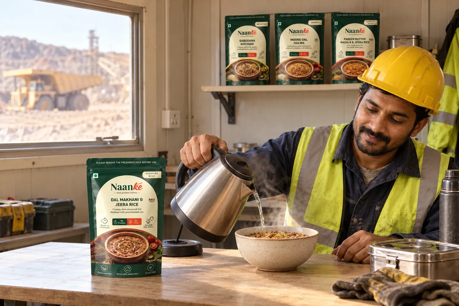 A site worker in a hard hat pouring hot water into a Naanke meal in a site cabin