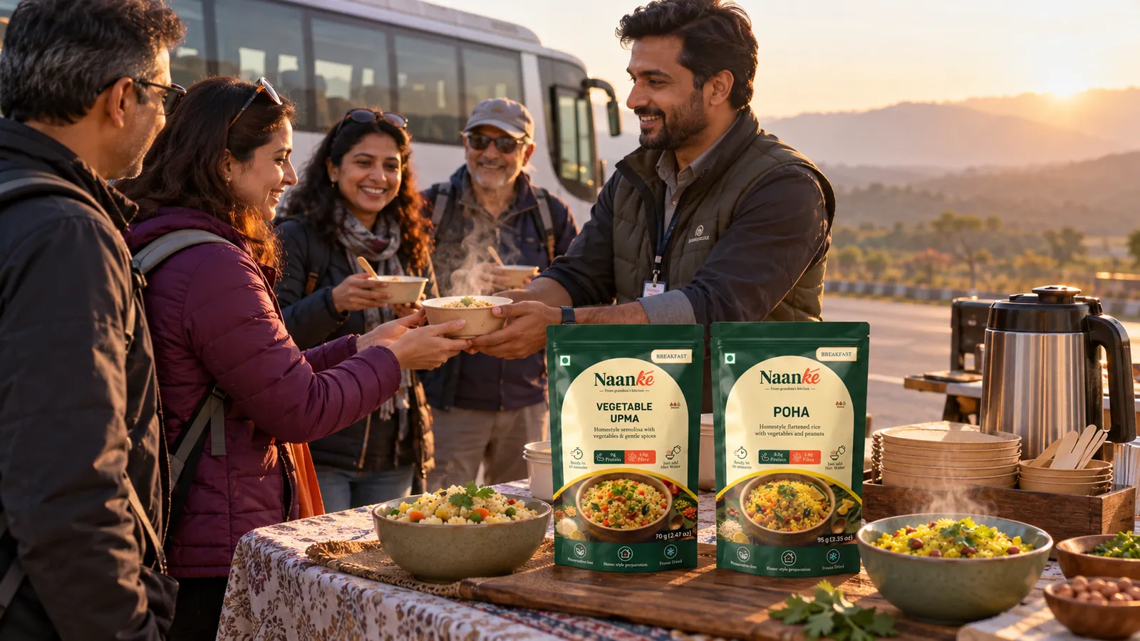 A tour manager handing out hot Naanke meals to travellers beside a tour bus