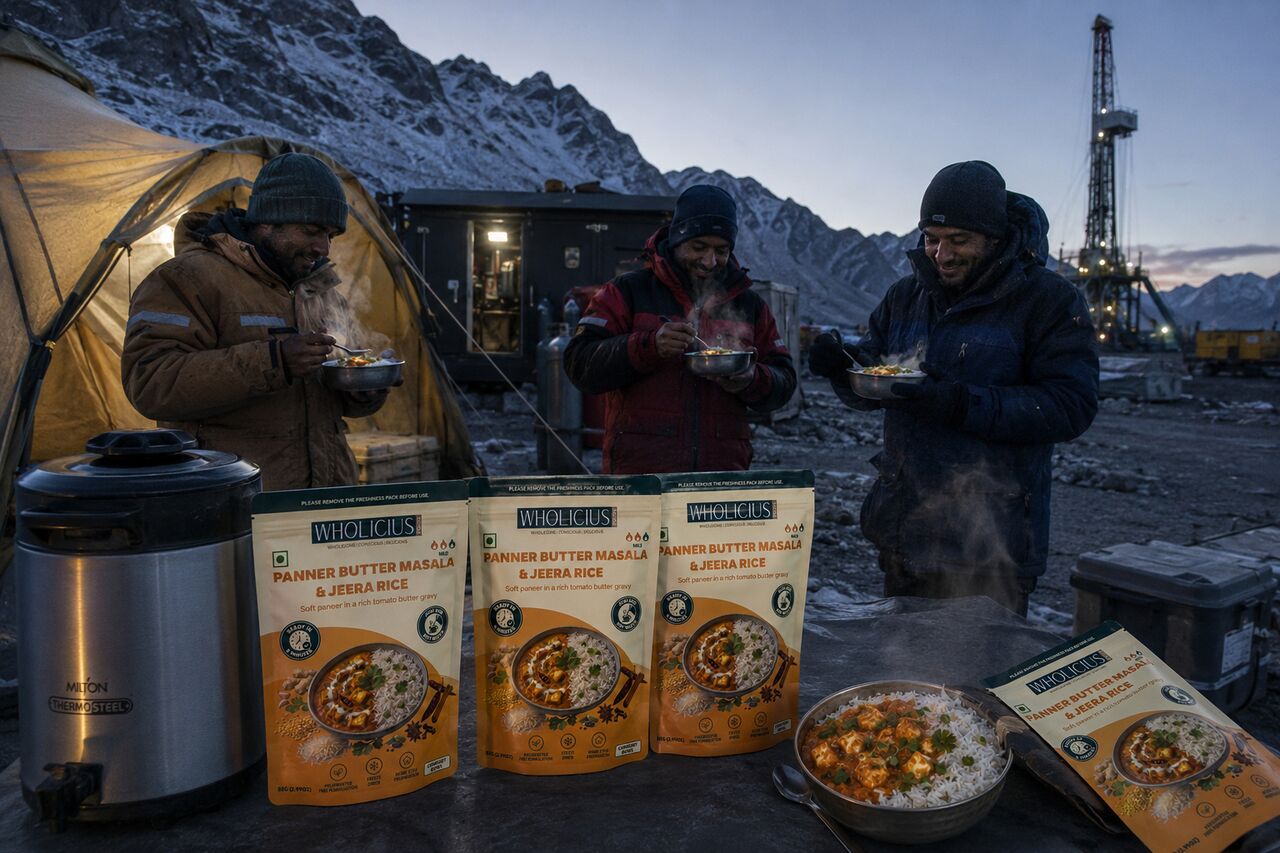 A crew eating hot meals at a remote rig site